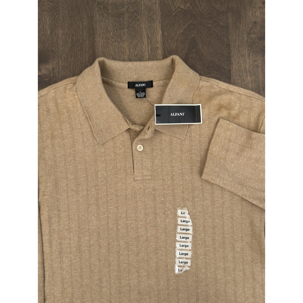 Alfani Mens Brown Striped Long Sleeve Polo Shirt 100% Cotton Large Cashew Jaspe